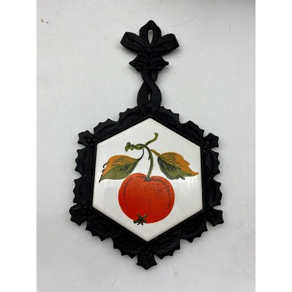 Vtg Cast Iron & Ceramic Trivet Lego Japan‎ 1970s Peach Fruit On White - Picture 1 of 10